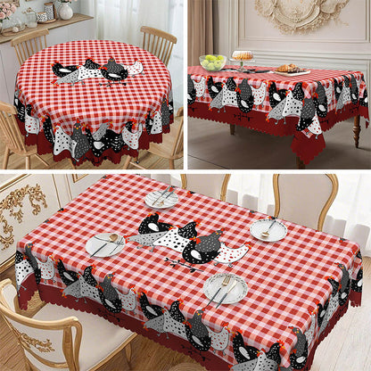 🌺🛒 -50% ! 🍀Nappe à Carreaux Rouges Motif Coq – Polyester, Anti-Taches & Bordure Dentelle