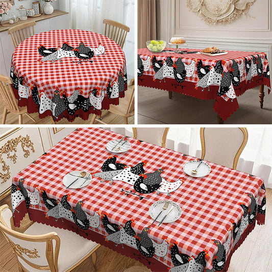🌺🛒 -50% ! 🍀Nappe à Carreaux Rouges Motif Coq – Polyester, Anti-Taches & Bordure Dentelle