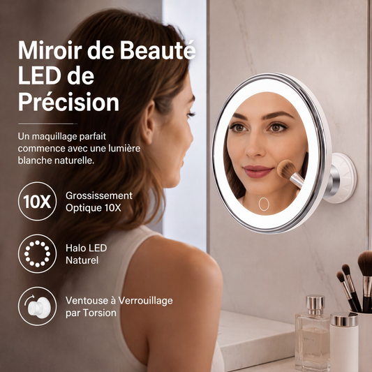 💡🛒 -50% ! 📸Miroir Grossissant 10x avec LED – Anneau Lumineux, Ventouse Sans Perçage & Rotule 360°.
