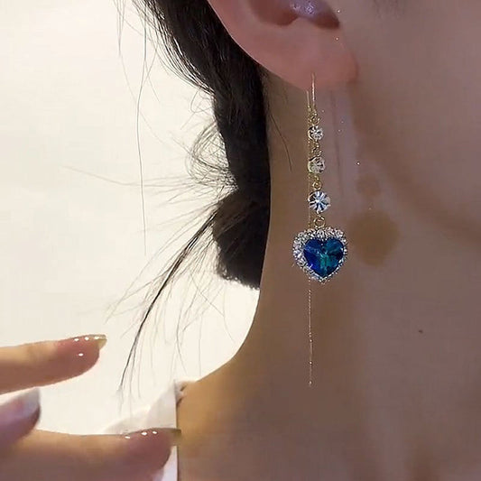 💎👜 -50% ! 💙Cadeau Idéal – Boucles d'Oreilles à Fil avec Pierre Précieuse Synthétique en Forme de Cœur Bleu Exquis