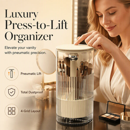 💄🌟 -50% ! 🎨Organisateur de Pinceaux Maquillage Anti-Poussière – PET + ABS – Ouverture Presse-Soulever & Compartiments Multiples pour Coiffeuse