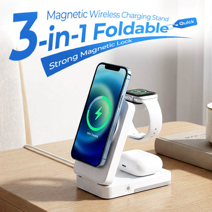 ⚡🛒 -50% ! 📱Support de Recharge Magnétique Pliable 3-en-1 – Alignement Magnétique, Design Compact & Veilleuse Intégrée.