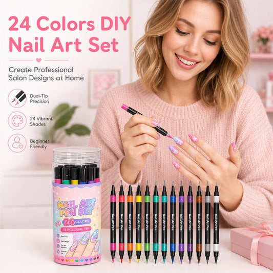 🖌️💅 Set de 12 Stylos Nail Art Double Pointe – 24 Couleurs Vives, Tracé Précis et Séchage Rapide