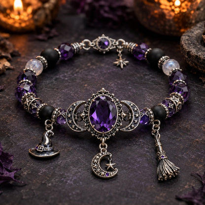 💜🛒 -60% ! 🎃 Bracelet Halloween – Perles en Strass, Charmes Sorcière & Thème Violet Élégant.