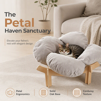 🐾🌸 -60% ! 🫄Lit Surélevé en Bois Forme de Pétale – Coussin Velours Côtelé, Design Floral & Socle Aéré pour le Confort de Votre Animal