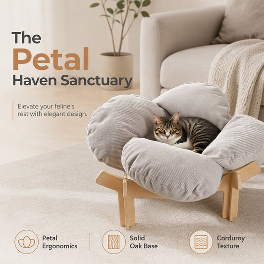 🐾🌸 -60% ! 🫄Lit Surélevé en Bois Forme de Pétale – Coussin Velours Côtelé, Design Floral & Socle Aéré pour le Confort de Votre Animal