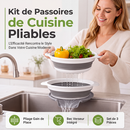 🍳💧 -60% ! 🧲Ensemble de 3 Passoires Pliables avec Socle Égouttoir – 3 Tailles, Gain de Place & Usage Polyvalent en Cuisine