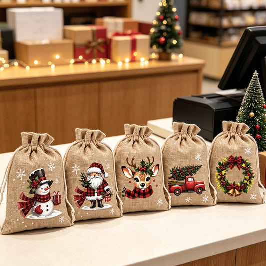 🎁🧵 Sacs Cadeaux de Noël à Cordon – Imprimés Festifs, Polyester Durable et Réutilisation Facile