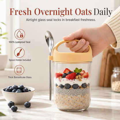 🥛🍯 -60% ! 🌟Bocal Portable en Verre Borosilicaté – Couvercle Étanche & Support Cuillère Intégré pour Yaourt et Flocons d'Avoine Sans Fuite.