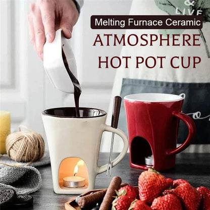 🍫🫕 Tasse à Fondue au Chocolat en Céramique 200 ml | Chauffe-Plat à Bougie, Fourchette Inox & Émail Antiadhésif