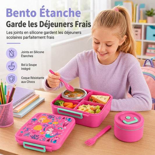 🍱🎒 -60% ! 🥪Ensemble de boîtes à bento alimentaires hermétiques pour enfants avec bol à soupe, boîte à déjeuner à 4 compartiments pour élèves scolarisés