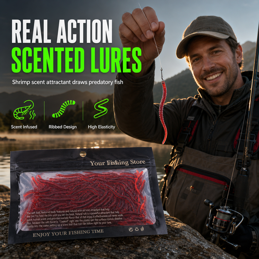 🪱🎣 Leurres Souples Imitation Vers de Terre – Arôme Crevette, TPR Ultra-Élastique et Nage Naturelle