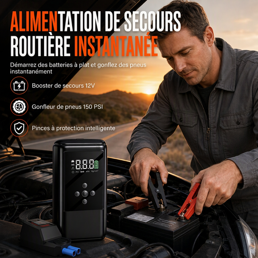 🚗⚡ Démarreur de Batterie et Gonfleur de Pneus Tout-en-Un – Démarrage Rapide, Pinces Intelligentes et Étui EVA