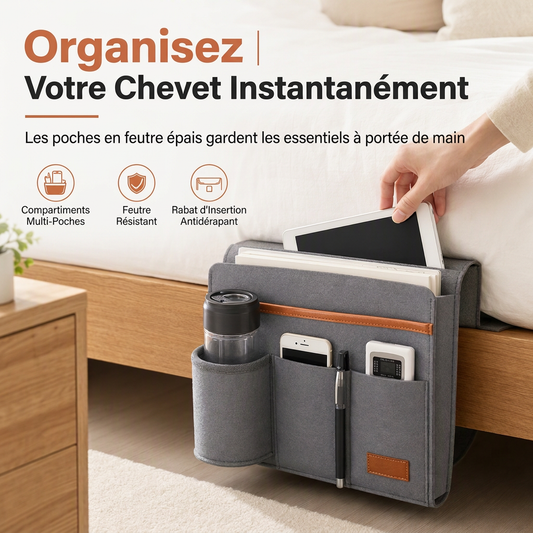 🛏️📖 Organiseur de Chevet en Feutre Minimaliste – Feutre Épais Structuré, Multi-Poches et Ancrage Stable sous Matelas