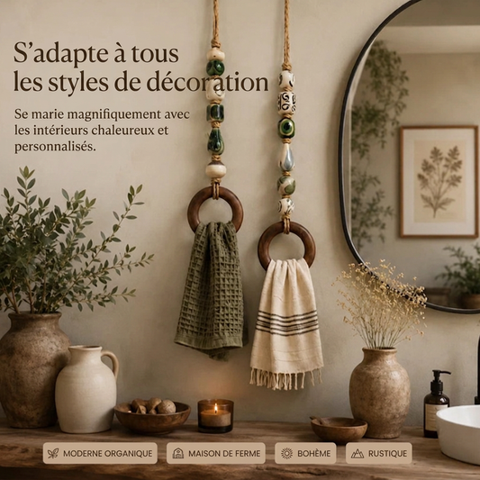 🪢🪵 Porte-Serviettes Décoratif à Perles – Anneau en Bois Naturel, Finition Artisanale et Style Bohème