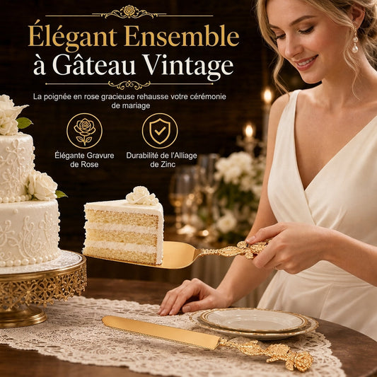 🎂✨ Ensemble Couteau et Pelle à Gâteau – Lame Dentelée Précise, Manches Ornés de Roses et Finition Miroir