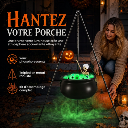 🎃🧙‍♀️ Grand Chaudron de Sorcière d'Halloween avec Trépied – Éclairage LED, Trépied Métallique et Résistant aux Intempéries