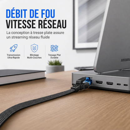 🌐🔌 Câble Ethernet plat Cat8 40 Gbit/s – Blindage SFTP, cuivre sans oxygène et conception tressée