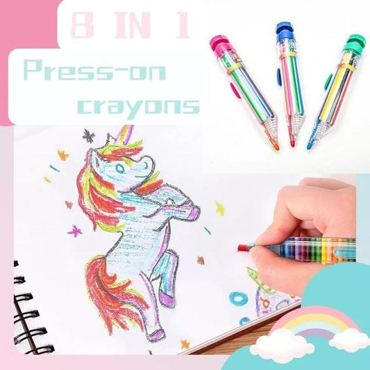 🖍️🎨 Crayons de couleur à bouton-poussoir 8 en 1 – Huit couleurs, rechargeables et faciles à transporter