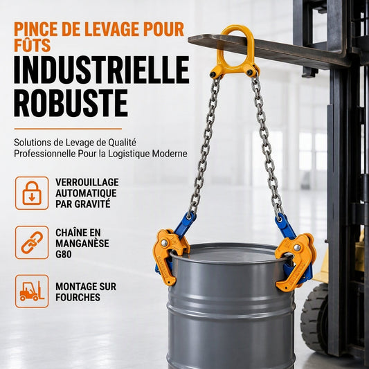 🏗️🛢️ Pince de Levage pour Fûts Métalliques – Chaînes G80 Annoncées, Mors à Serrage Gravitationnel et 4 Modèles
