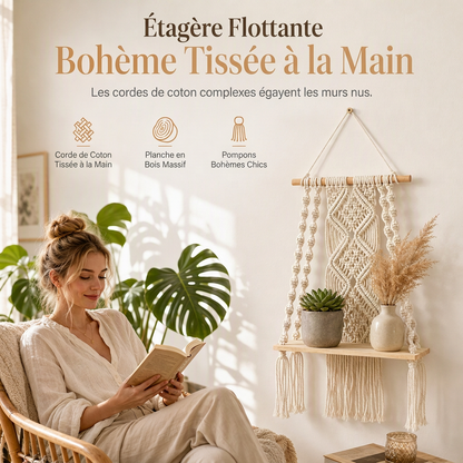 🪴✨ Étagère Murale Suspendue en Macramé – Tissée à la Main, Plateau en Bois et Style Bohème