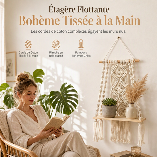 🪴✨ Étagère Murale Suspendue en Macramé – Tissée à la Main, Plateau en Bois et Style Bohème