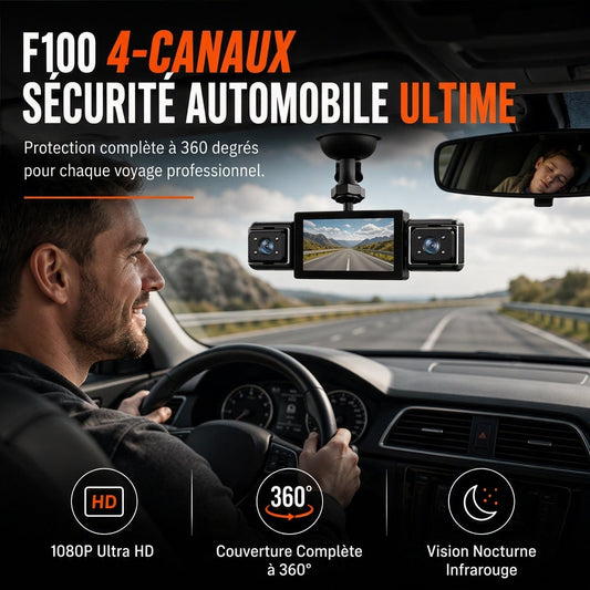 🎥🛰️ Dashcam F100 à 4 Objectifs – Enregistrement 1080P, Vision Nocturne Infrarouge et GPS Synchronisé