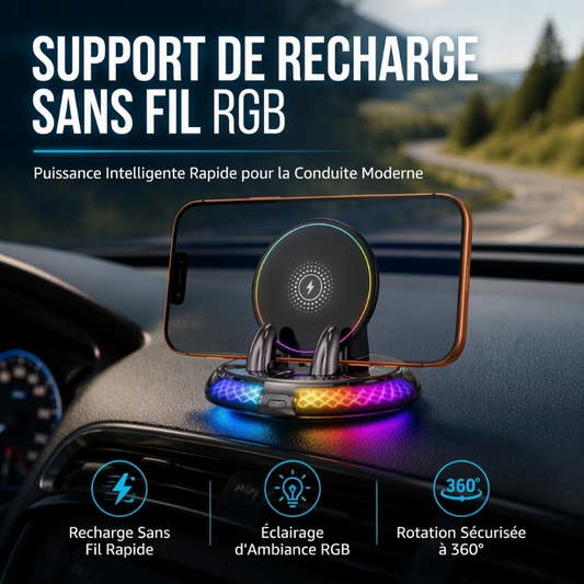 📱🚘 Support de Téléphone pour Voiture avec Charge Sans Fil – Puissance 15 W, Rotation 360° et Éclairage RGB