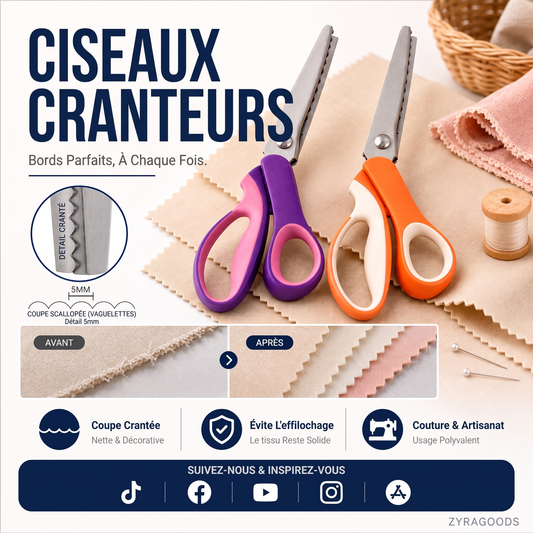 ✂️🧵 Ciseaux à cranter pour couture et loisirs créatifs – Lames en acier inoxydable, bord festonné et prise en main confortable