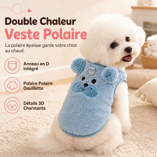 🐻🧥 Gilet Polaire pour Chien & Chat avec Broderie Cartoon – Double Chaleur, Anneau en D Intégré et Coupe Sans Manches