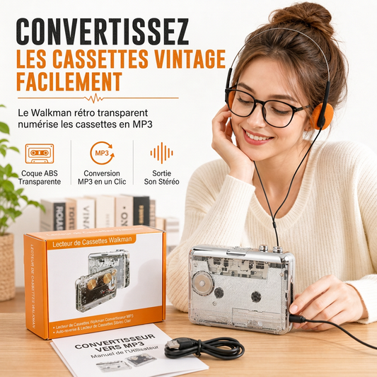 📼🎵 Lecteur de Cassettes Transparent avec Conversion Audio – Portable, Interface Type‑C et Lecture Stéréo