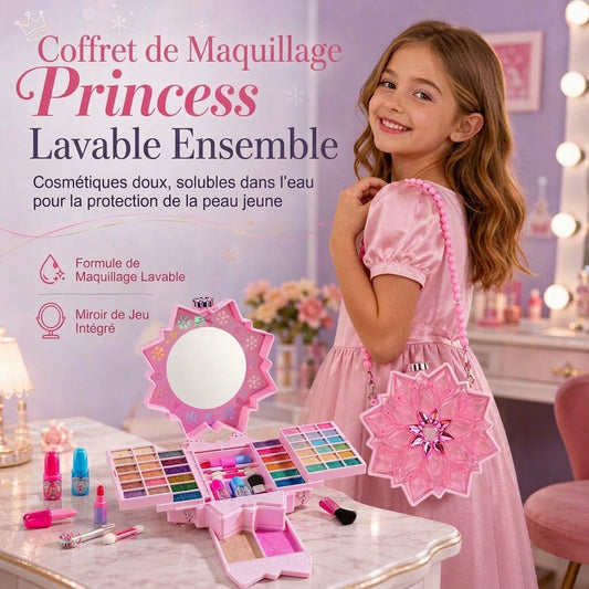 👑🎨 Coffret de Maquillage Princesse pour Enfants – Formule Lavable, Plateaux Dépliants et Étui à Porter