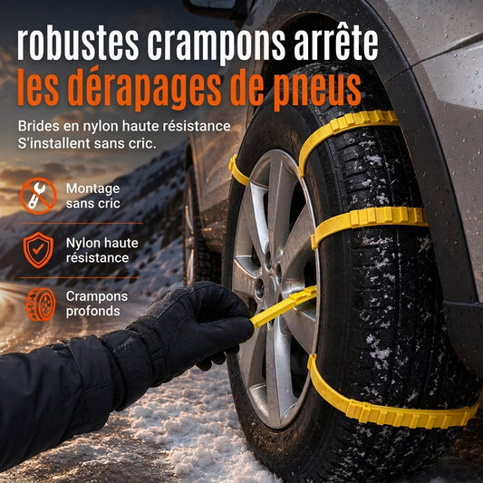 🚗❄️ Bandes Antidérapantes pour Pneus – À Crampons, Fixation par Sangle et Aide sur Neige ou Boue