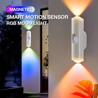 💡✨ Lampe LED Magnétique à Détecteur de Mouvement Double Faisceau – Fixation Sans Perçage, Éclairage Ambiance (Chaud/RGB) et Batterie Rechargeable