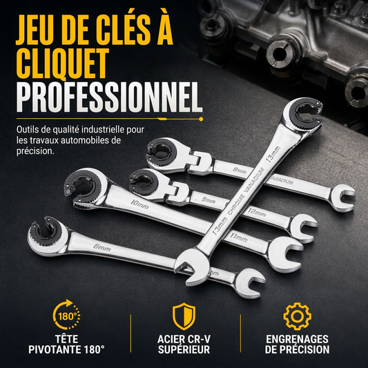 🔧⚙️ Clé Mixte à Cliquet pour Tuyauterie – Tête Flexible 180°, Acier Cr-V et Angle de Reprise 5°