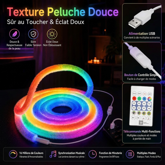 🌈✨ Ruban Néon LED en Fausse Fourrure RGBIC 360° – Éclairage Tamisé Doux, Synchronisation Musicale et Contrôle Intelligent