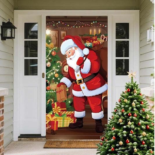 🎄🎅 Housse de Porte Décorative de Noël (90×180 cm) – Ambiance Festive Instantanée, Tissu Résistant Anti-Plis & Installation Sans Outil