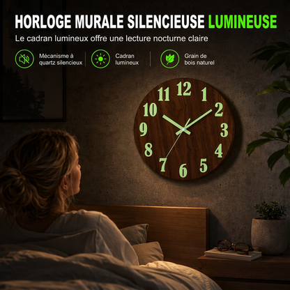 🕰️🌙 Horloge Murale en Bois Silencieuse de 12 Pouces – Cadran Lumineux Nocturne, Grain Naturel Épuré & Zéro Tic-Tac ✨