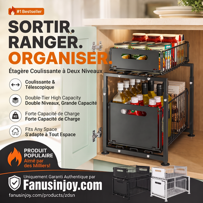🗄️✨ Étagère Coulissante Sous-Évier à 2 Niveaux Réglable – Tiroirs Télescopiques Fluides, Acier au Carbone Robuste & Gain d'Espace Cuisine/SDB 🔄