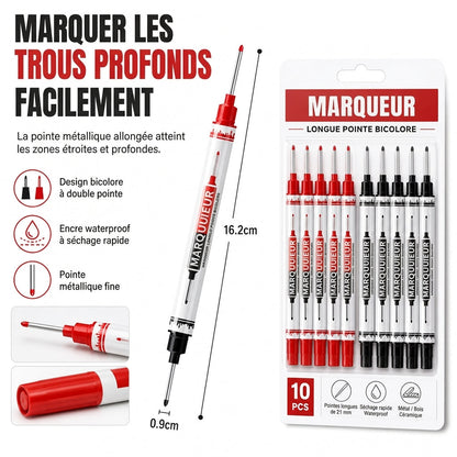 ✏️📏 Lot de 10 Marqueurs Permanents Double Pointe Longue 21 mm – Trous Profonds, Encre Étanche et Multi-Surfaces