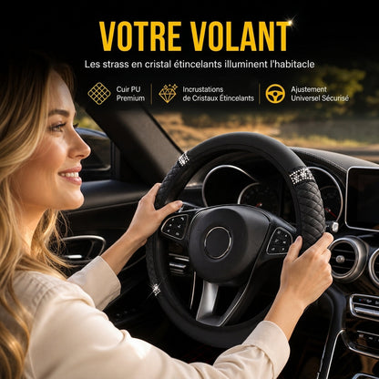 ✨🚗 Housse de Volant en Strass Scintillants 37-38 cm | Cristaux Haute Brillance, Cuir PU Matelassé & Confort Antidérapant
