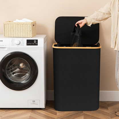 🧺🌿 Panier à Linge 3 Compartiments 160L – Bambou Naturel & Tissu Oxford, Sacs Amovibles & Tri Facile